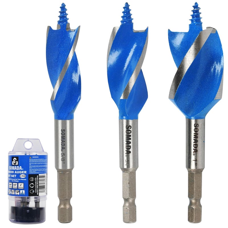 SOMADA Auger Drill Bit Set for Wood, 3-Piece, 5/8", 3/4" and 1" Inch Size, 4-Inch Long with Storage Case, Impact Wood Auger Set with Quick Change - Image 1